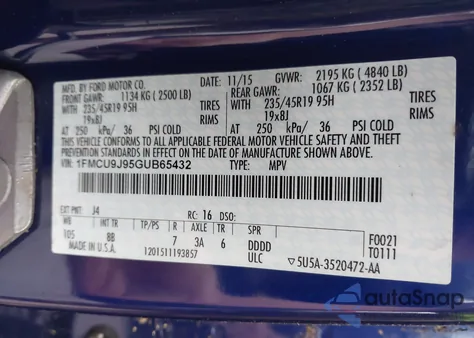 2016 Ford Escape Titanium из США, поврежденный, VIN 1FMCU9J95GUB65432